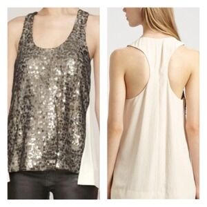 Rag & Bone Sequin Mesh Overlay Cream Silk Racer Back Tank Oversized New Years XS